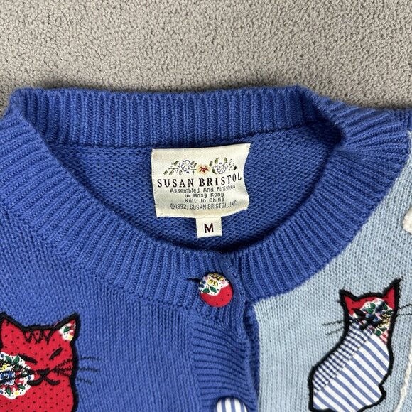 Vtg Susan Bristol Cat Sweater Cardigan Short Sleeve Blue Patchwork 1992 Medium - Picture 4 of 10